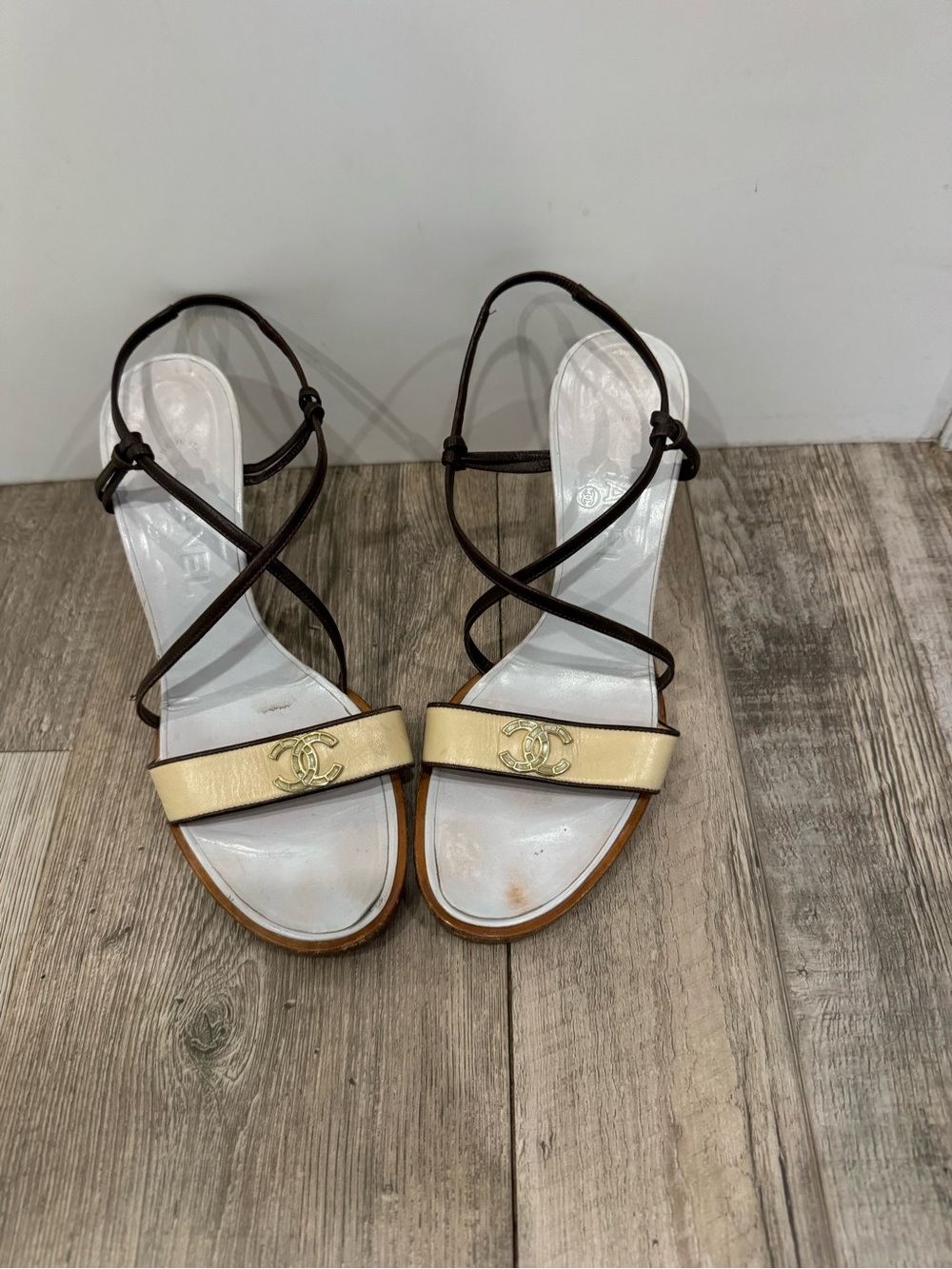 CHANEL Ivory and Gold Logo Strap Sandal Heels